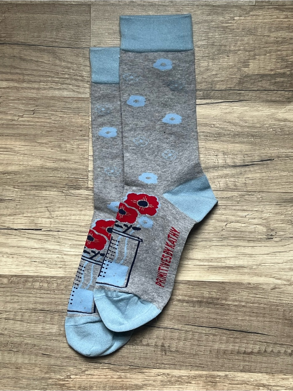 Primitives by Kathy Gray Crew Socks with Light Blue Accents and Red Floral